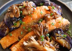 Soy-Ginger Marinated Salmon with Eggplant and Maitake Mushrooms