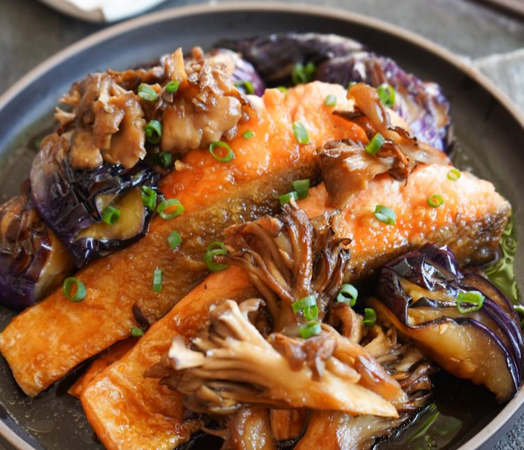 Soy-Ginger Marinated Salmon with Eggplant and Maitake Mushrooms