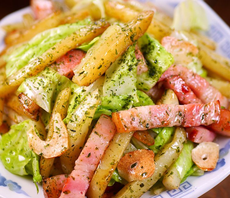 Seaweed Salt & Butter Stir-Fry with Potatoes, Cabbage, and Bacon