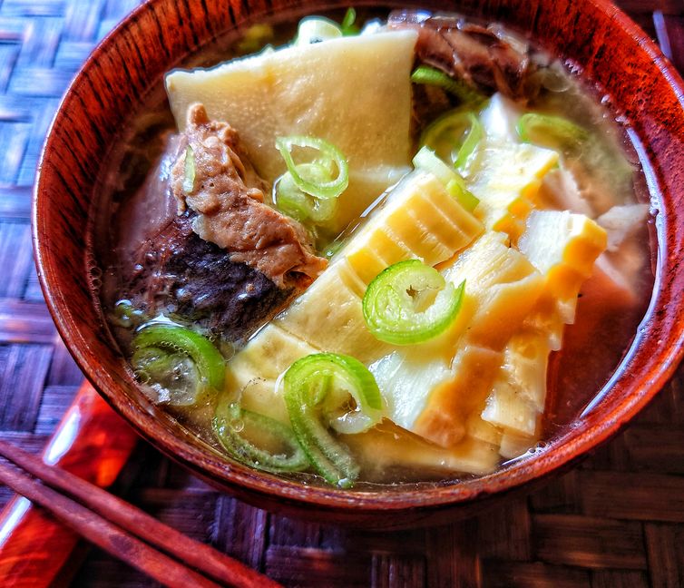 Traditional Nagano Miso Soup with Bamboo Shoots and Canned Mackerel