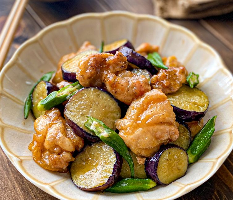 Chicken, Eggplant, and Okra Stir-Fry with Sweet and Tangy Sauce