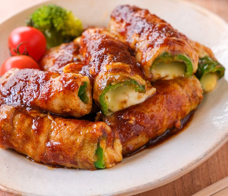 Cheesy Pork-Wrapped Peppers with Yakiniku Sauce
