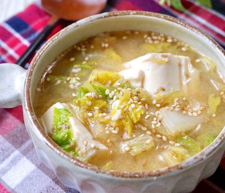 Napa Cabbage and Crumbled Tofu Sesame Miso Soup
