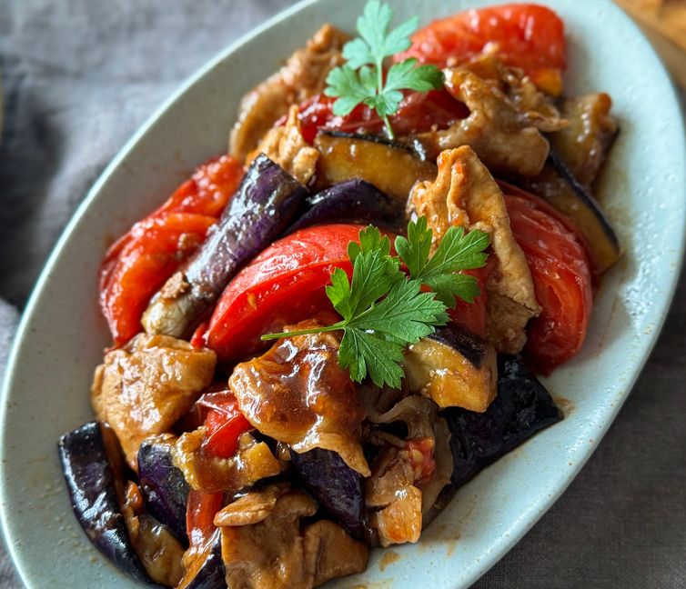 Pork, Eggplant, and Tomato Balsamic Stir-fry
