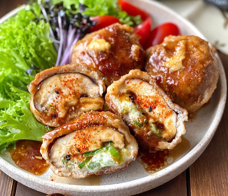 Juicy Pork-Wrapped Shiitake Mushrooms Stuffed with Cheese