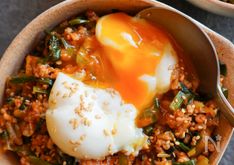 Ground Pork and Kimchi Rice Bowl with Garlic Chives