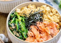 Salmon, Komatsuna, and Egg Tri-Color Rice Bowl