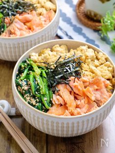 Salmon, Komatsuna, and Egg Tri-Color Rice Bowl