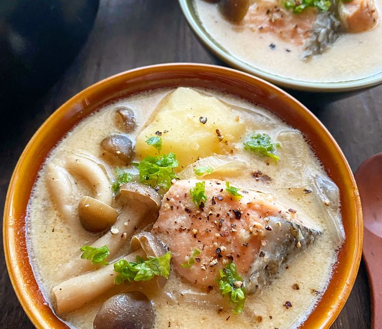 Salmon, Potato, & Mushroom Soy Milk Miso Soup
